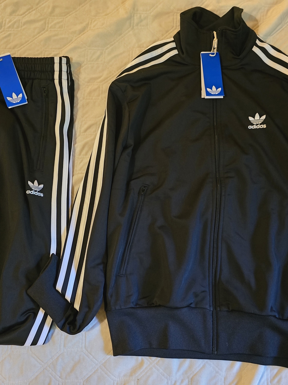 adidas Firebird Black Track Jacket & Pants Set with White 3-Stripes Sz M
